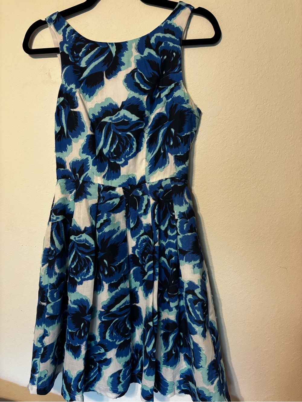 Peridyz Floral Fit Flare Dress Size 0 Blue Teal Rose Print Made in USA Lined